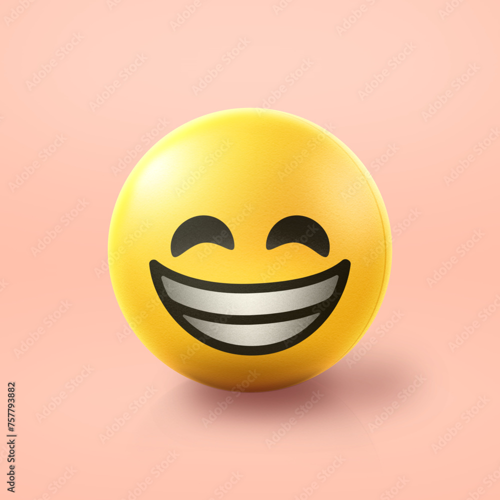 Fototapeta premium Grinning and laughing happy Emoji stress ball on shiny floor. 3D emoticon isolated.