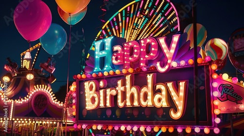The phrase "Happy Birthday" displayed in playful, balloon-style lettering against a backdrop of a colorful amusement park, with rides and attractions lighting up the night sky.