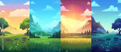 Meadow with green grass near mountain foot during four day times. Cartoon landscape of fields, trees, rocky hills and skies with clouds during the summer day - sunny afternoon, dawn, sunset, dark photo