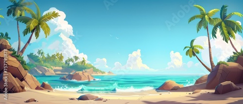 Cartoon modern summer sunny day scenery of paradise ocean lagoon sandy shore. Empty tropical coastline with calm blue water, sand, rocks, and palm trees.