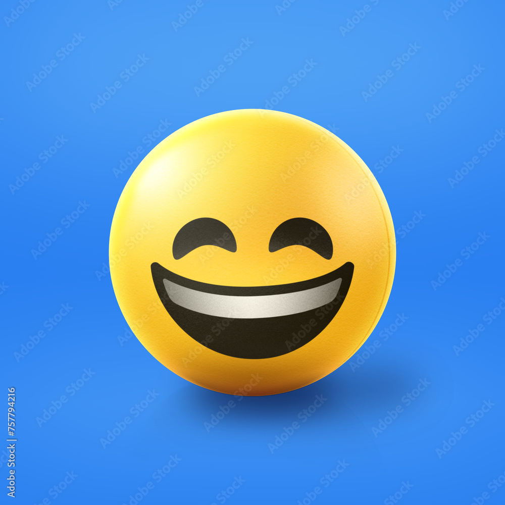 Grinning and laughing happy Emoji stress ball on shiny floor. 3D emoticon isolated.