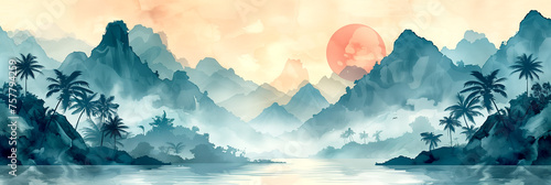 A serene landscape painting depicting a tranquil scene with mountains, fog, and a soft, pastel color palette.