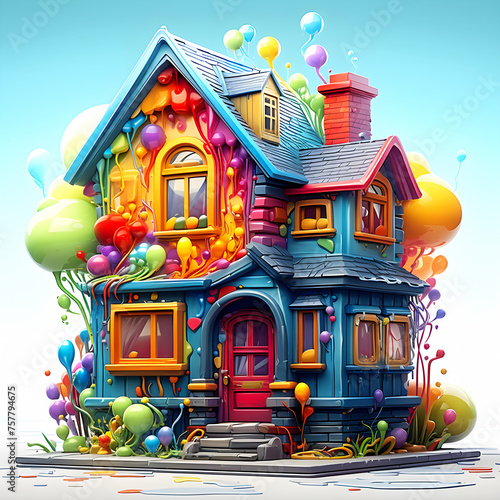 View of Digital art design of a colorful house
