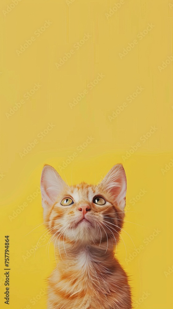 A cute orange kitten is sitting on a yellow background A cute orange kitten is sitting on a yellow background