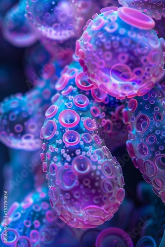 A close up of a bunch of purple and blue spheres