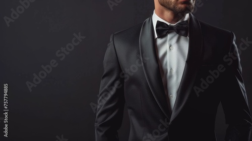 A man in a black suit is wearing a white shirt and a black bow tie