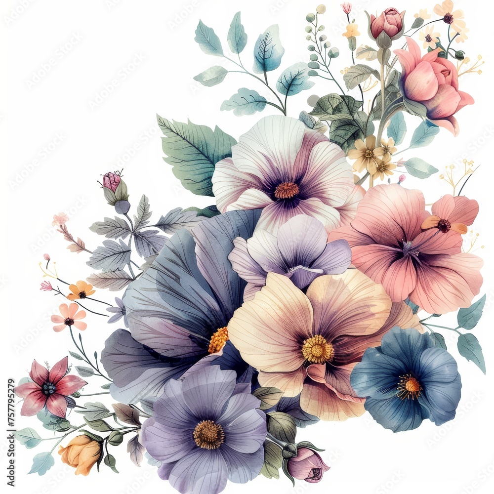 Many flowers are watercolor with pastel colored edgesclipart