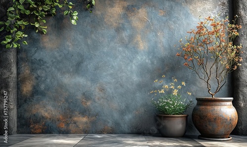 Plants in flower pots against the wall.