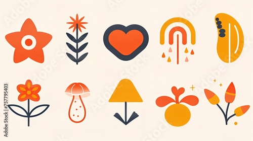 Retro stickers in groovy style set. Mushrooms, flowers, rainbow, stars, heart. Vibe 70s, 60s. Beige background. 