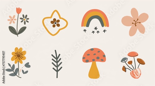 Retro stickers in groovy style set. Mushrooms, flowers, rainbow. Muted shades. Vibe 70s, 60s. Flat vector illustration on beige background.