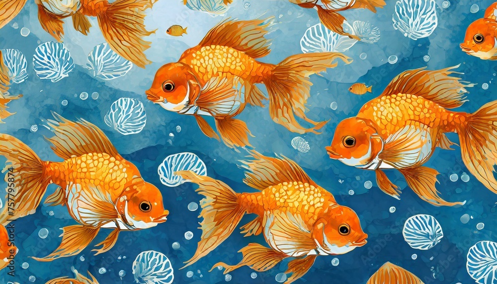 Fototapeta premium Underwater Symphony: Seamless Goldfish Illustration Pattern