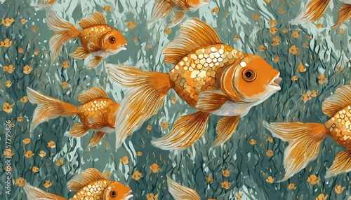 Gilded Aquatic Realm  Seamless Goldfish Pattern for Marine Theme Design