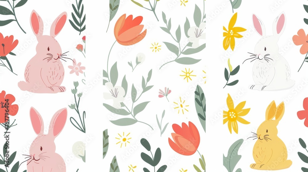 A modern seamless pattern of a rabbit, flower, foliage on white for an Easter greeting. The pattern is suitable for use in prints, wallpapers, covers, packaging, kids, and advertising. A modern seamless pattern of a rabbit, flower, foliage on white for an Easter greeting. The pattern is suitable for use in prints, wallpapers, covers, packaging, kids, and advertising.