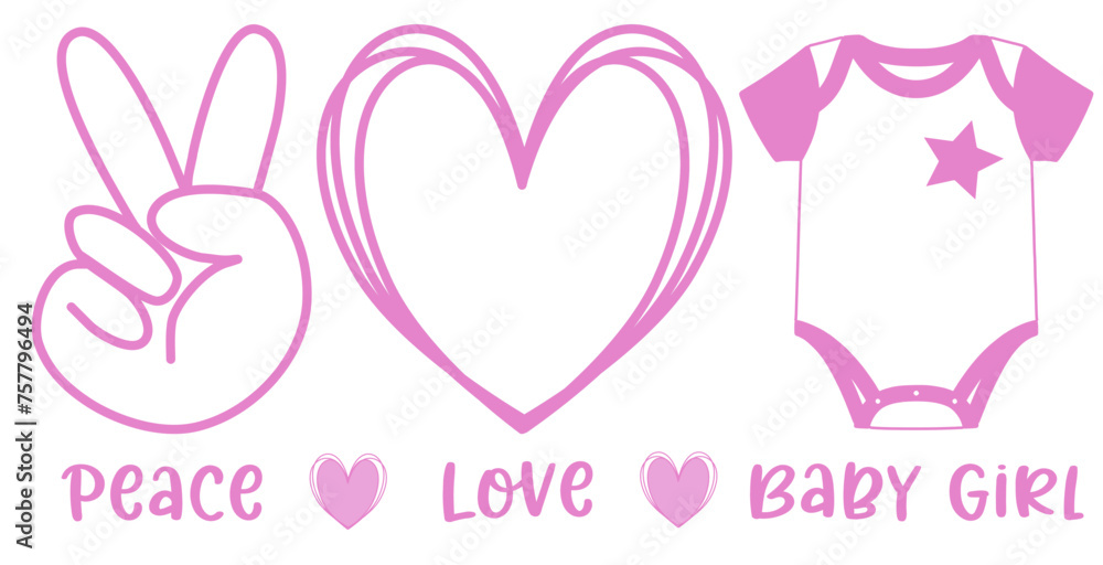 Peace, love, baby boy - body, heart, hand -Pink color - newborn clothing - word - Birth vector graphics for greeting cards, accessories, baby shower,, sweatshirt, prints, cricut,, sublimation
