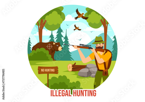 Illegal Hunting Vector Illustration by Shooting, Taking Wild Animals and Plants to Sell in Flat Cartoon Background Design