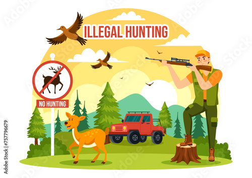 Illegal Hunting Vector Illustration by Shooting, Taking Wild Animals and Plants to Sell in Flat Cartoon Background Design