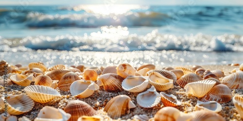 Seashells Scattered on Beach With Ocean Background