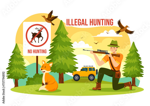 Illegal Hunting Vector Illustration by Shooting, Taking Wild Animals and Plants to Sell in Flat Cartoon Background Design