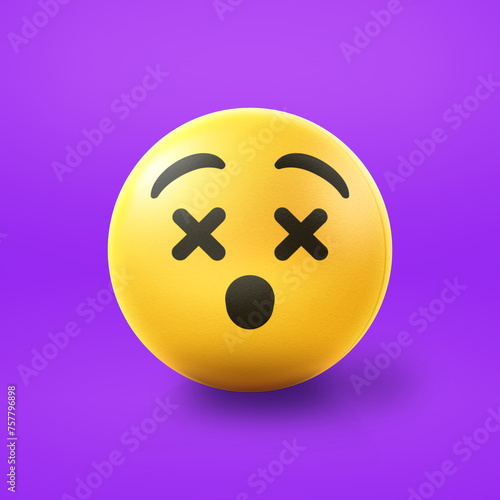 Knocked out dizzy or dead Emoji stress ball on shiny floor. 3D emoticon isolated.