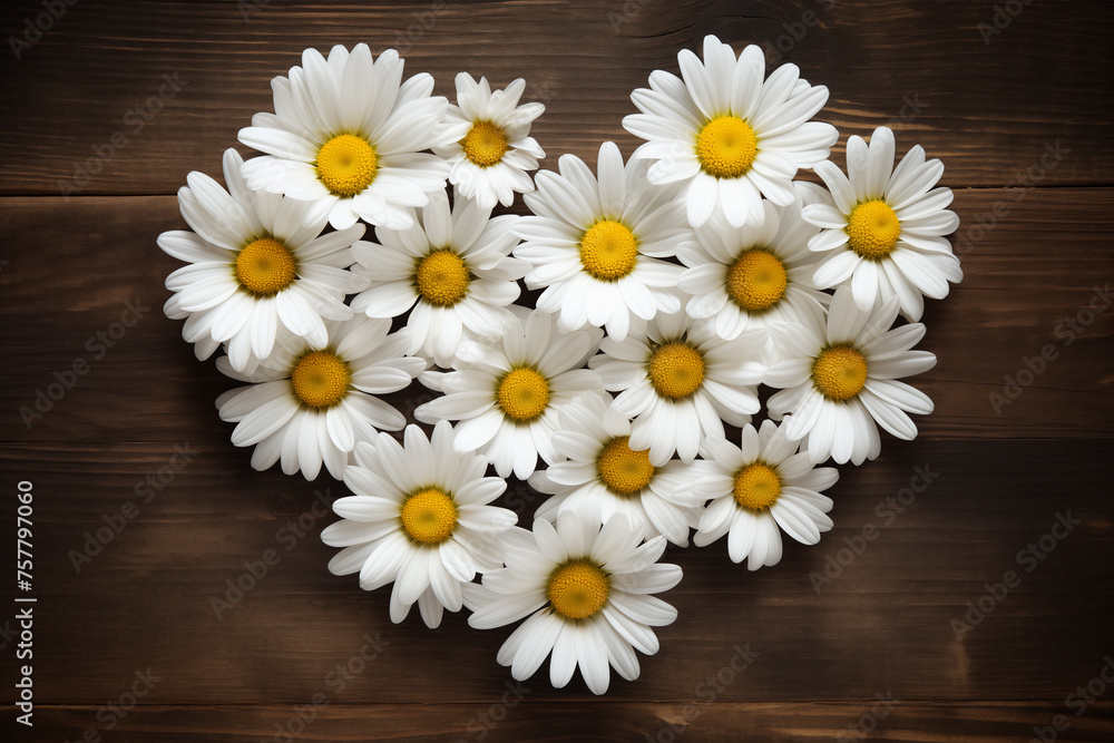 Obraz premium heart shape bouquet of daisies on wood table background