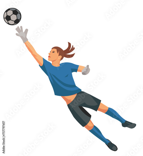 Young girl figure of a teenage women's football goalkeeper in blue sports uniform jumping and catching the ball © ivnas