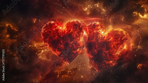 Two hearts merged into one, surrounded by stars, galaxies, and clouds. The image is in high-resolution 3D, with a color palette of red and yellow.