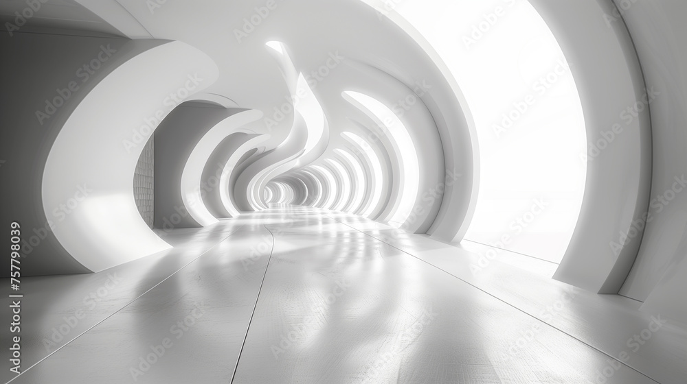 Naklejka premium Illustration of a white circular room. Abstract architecture background. Futuristic minimal design. AI generative