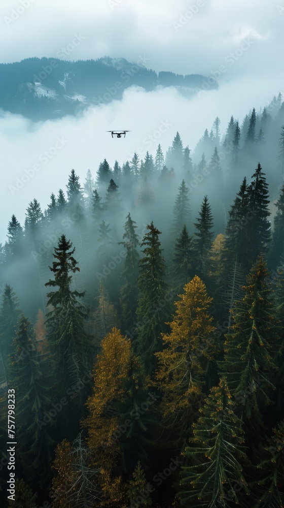 Plane Flying Over Foggy Forest Plane Flying Over Foggy Forest