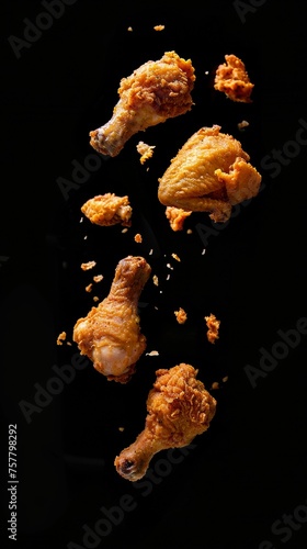 Group of Fried Chicken Pieces on Black Surface