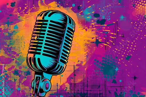 vector art microphone with retro background
