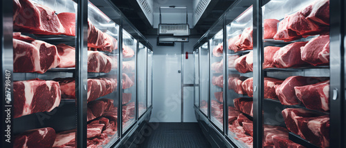 Rows of fresh hung half cow chunks in a large fridge i photo