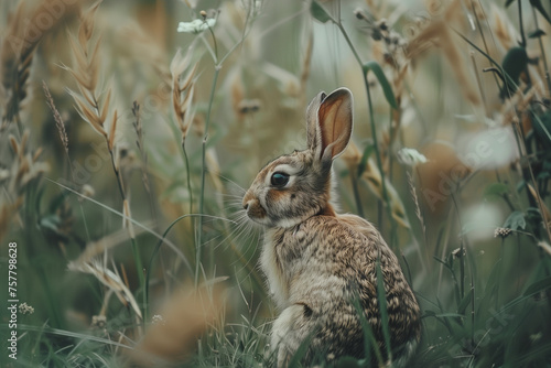 small rabbit on the grass. scene of wildlife