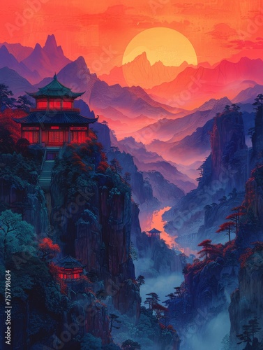 Mountain With Pagoda Painting