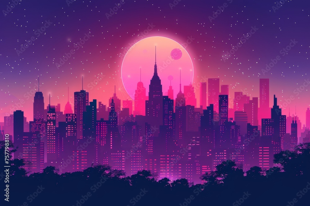 purple and pink gradient city skyline with moon