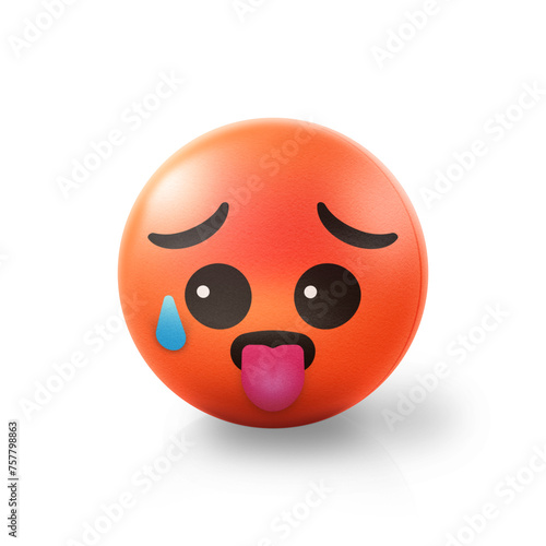 Hot and exhausted and tired Emoji stress ball on shiny floor. 3D emoticon isolated.