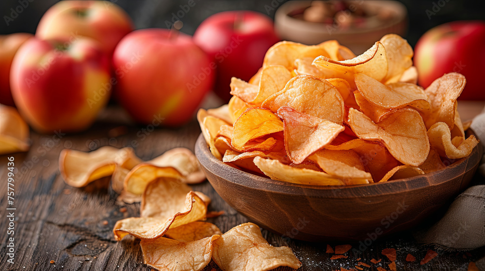 Homemade apples chips on the wooden table Homemade apples chips on the wooden table