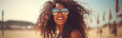 Woman With Long Hair Wearing Sunglasses on the Beach Banner.