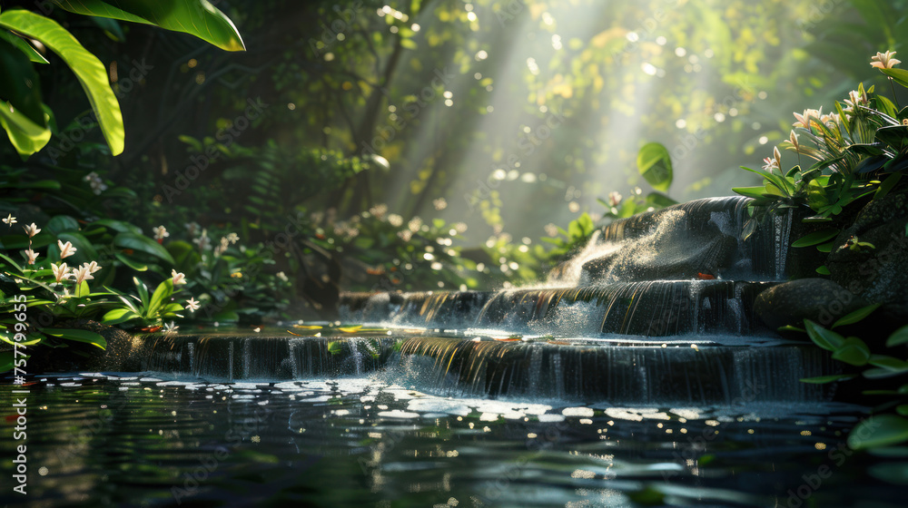 Sun beams peering through dense foliage onto a serene, cascading waterfall in a tranquil forest scene Sun beams peering through dense foliage onto a serene, cascading waterfall in a tranquil forest scene