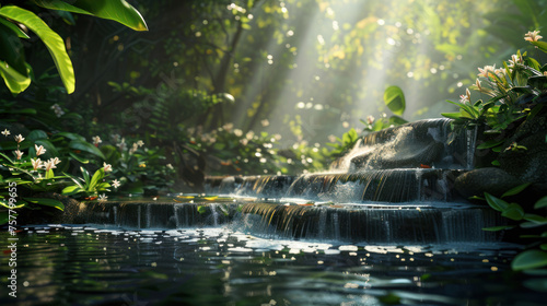 Sun beams peering through dense foliage onto a serene  cascading waterfall in a tranquil forest scene