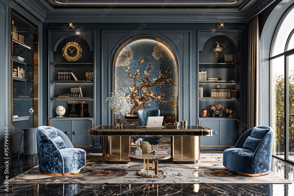 Art deco accents infuse glamour, celebrating heritage within office interiors.
