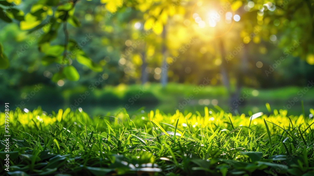 Bright sun rays illuminate fresh green grass with a soft-focus bokeh effect in the background, evoking freshness and growth