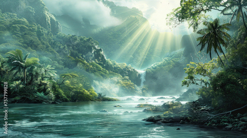 A breathtaking jungle scene with mist, lush greenery, and a majestic waterfall illuminated by rays of sunlight