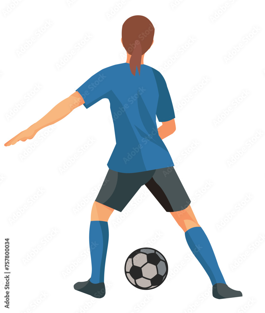 Teenager girl figure of a women's football player in a blue sports uniform T-shirt stands with her back and catches the ball