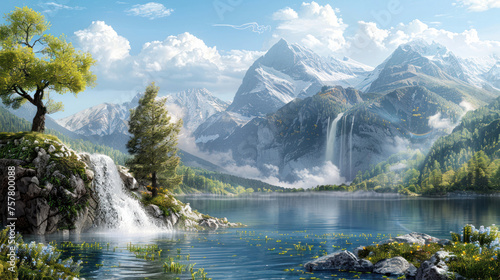 Majestic snow-capped mountains with a waterfall and tranquil lake surrounded by vibrant greenery and clear blue sky