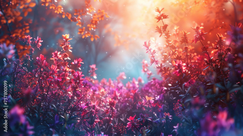A mystical forest scene with flowers bathed in a warm, ethereal light creates a dreamlike tableau © Oksana