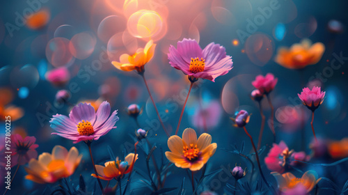 Close-up of colorful wildflowers against a backdrop of sparkling bokeh lights  exuding magic