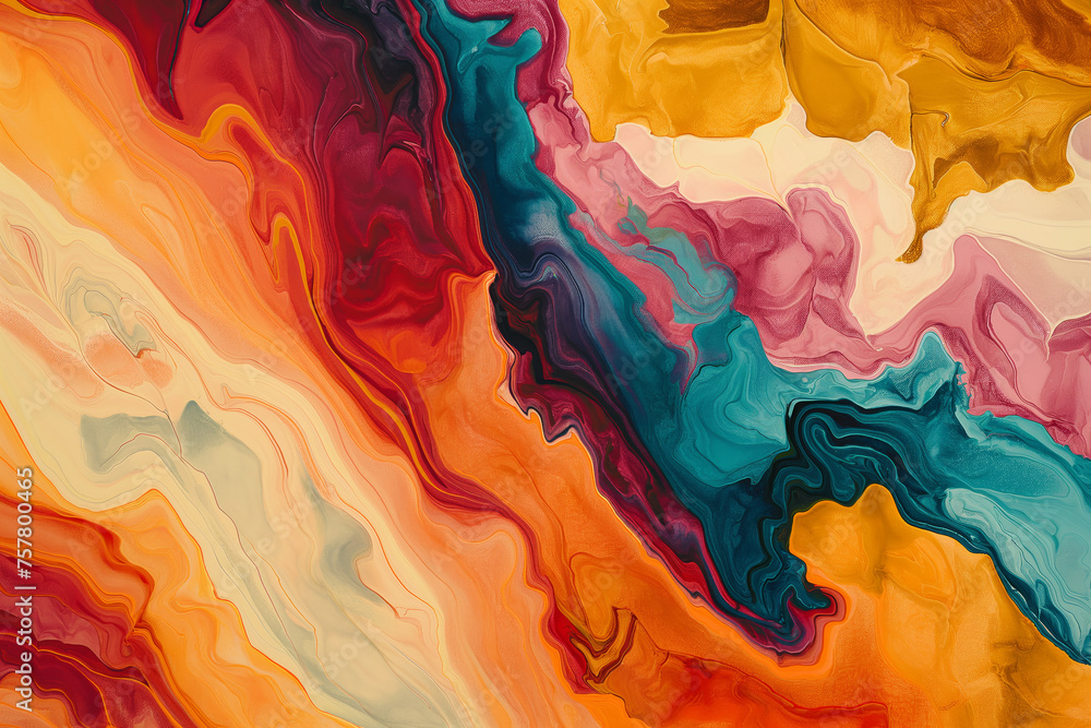 Abstract Painting Showcasing a Dynamic Blend of Orange, Red, Yellow, Teal, and Pink Colors
