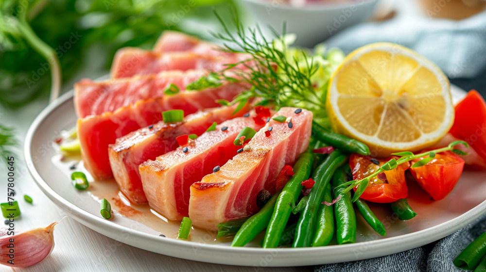Seared Tuna Steak with Green Beans and Salad Seared Tuna Steak with Green Beans and Salad