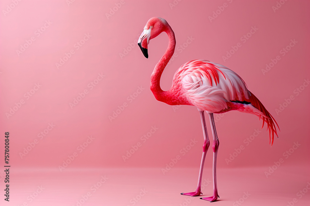 Fototapeta premium Elegant Flamingo Standing Against a Monochromatic Pink Background
