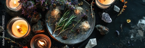 Mystical atmosphere, plate with herbs candles and crystals